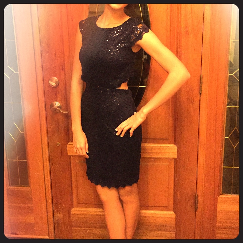 Navy sequin dress with lace over lay